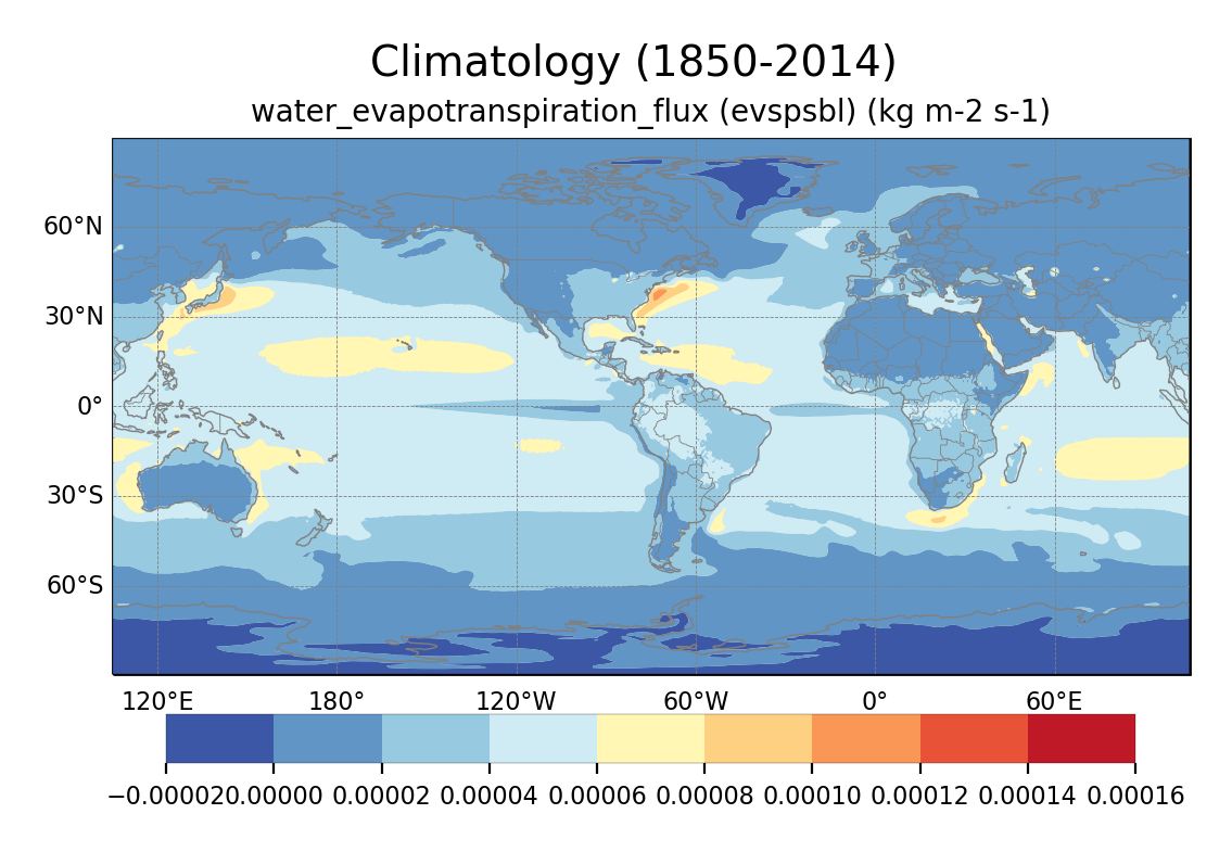 Climatology of Evaporation Including Sublimation and Transpiration of dataset EC-Earth3 (project CMIP6) from 1850 to 2014.