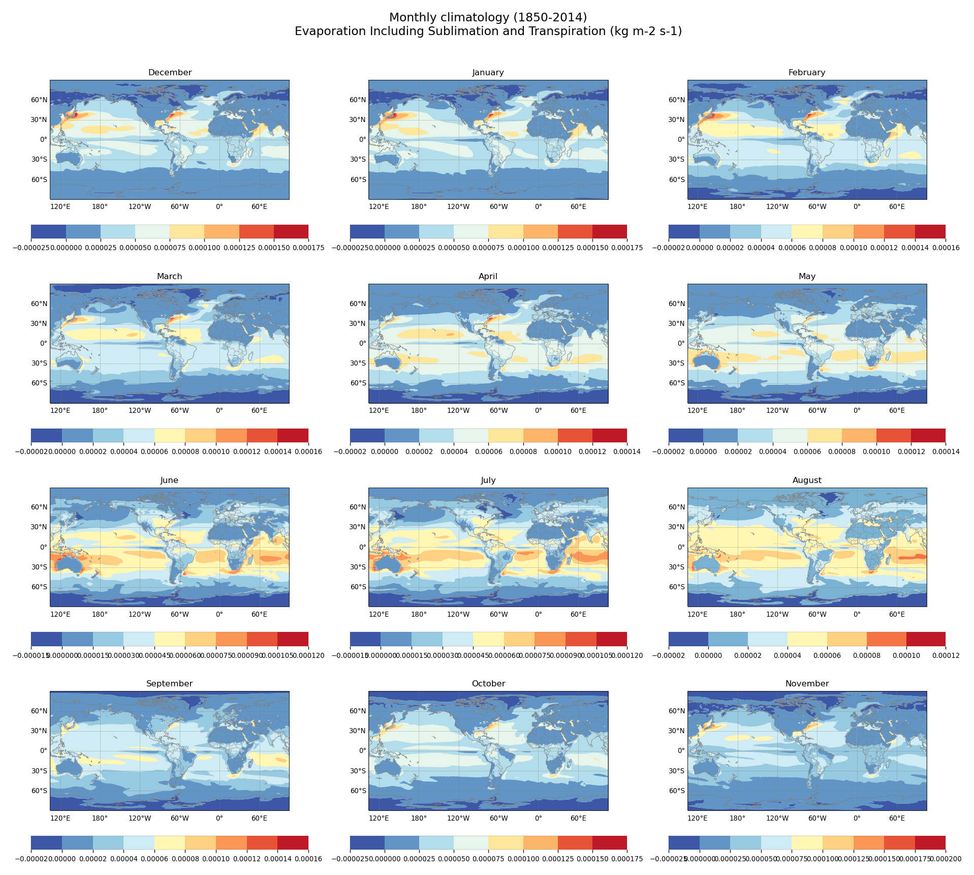 Monthly climatology of Evaporation Including Sublimation and Transpiration of dataset EC-Earth3 (project CMIP6) from 1850 to 2014.