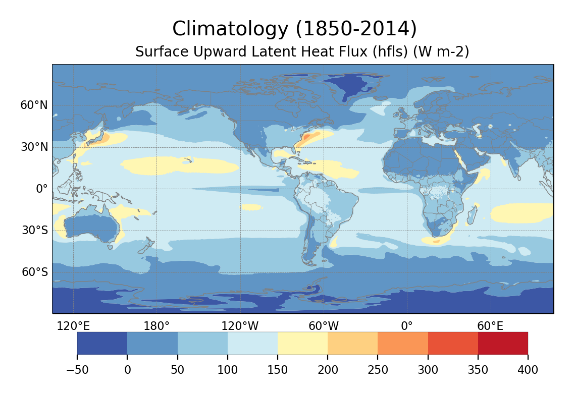 Climatology of Surface Upward Latent Heat Flux of dataset EC-Earth3 (project CMIP6) from 1850 to 2014.