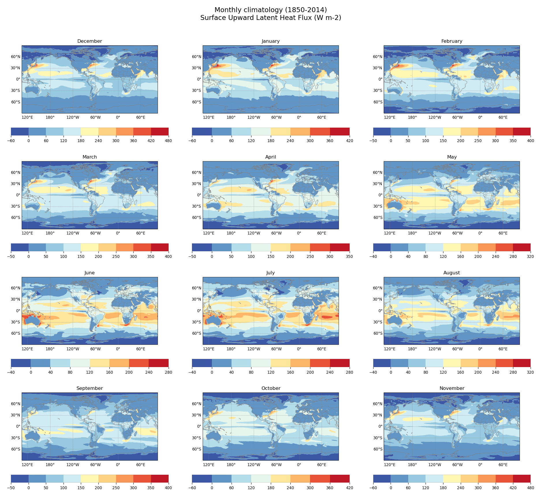 Monthly climatology of Surface Upward Latent Heat Flux of dataset EC-Earth3 (project CMIP6) from 1850 to 2014.