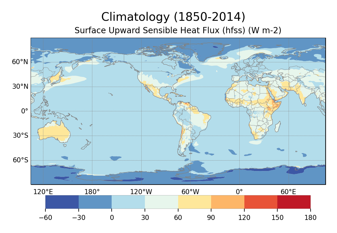 Climatology of Surface Upward Sensible Heat Flux of dataset EC-Earth3 (project CMIP6) from 1850 to 2014.