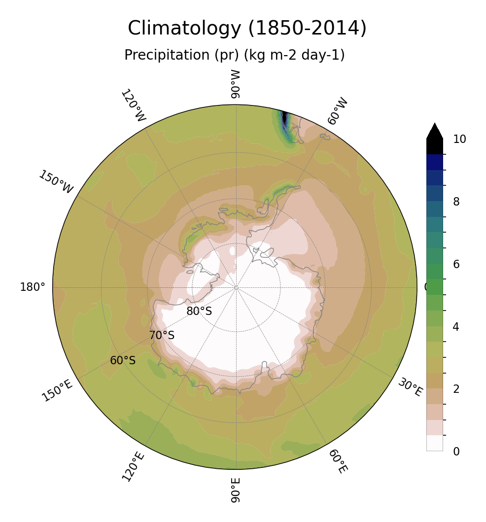 Climatology of Precipitation of dataset EC-Earth3 (project CMIP6) from 1850 to 2014.