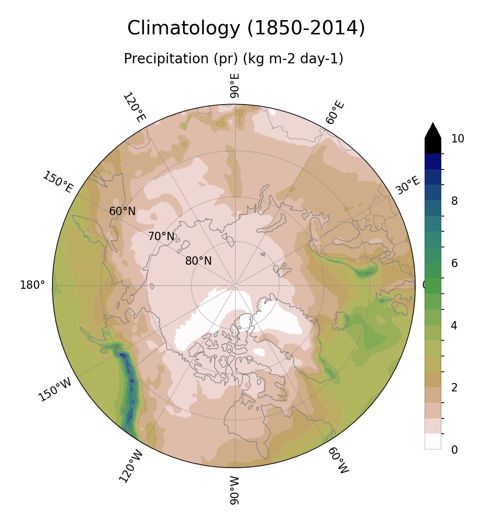 Climatology of Precipitation of dataset EC-Earth3 (project CMIP6) from 1850 to 2014.