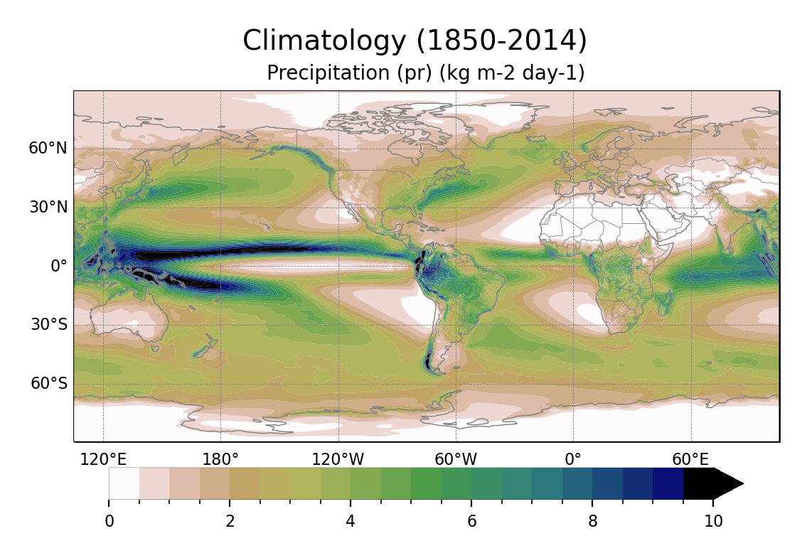 Climatology of Precipitation of dataset EC-Earth3 (project CMIP6) from 1850 to 2014.