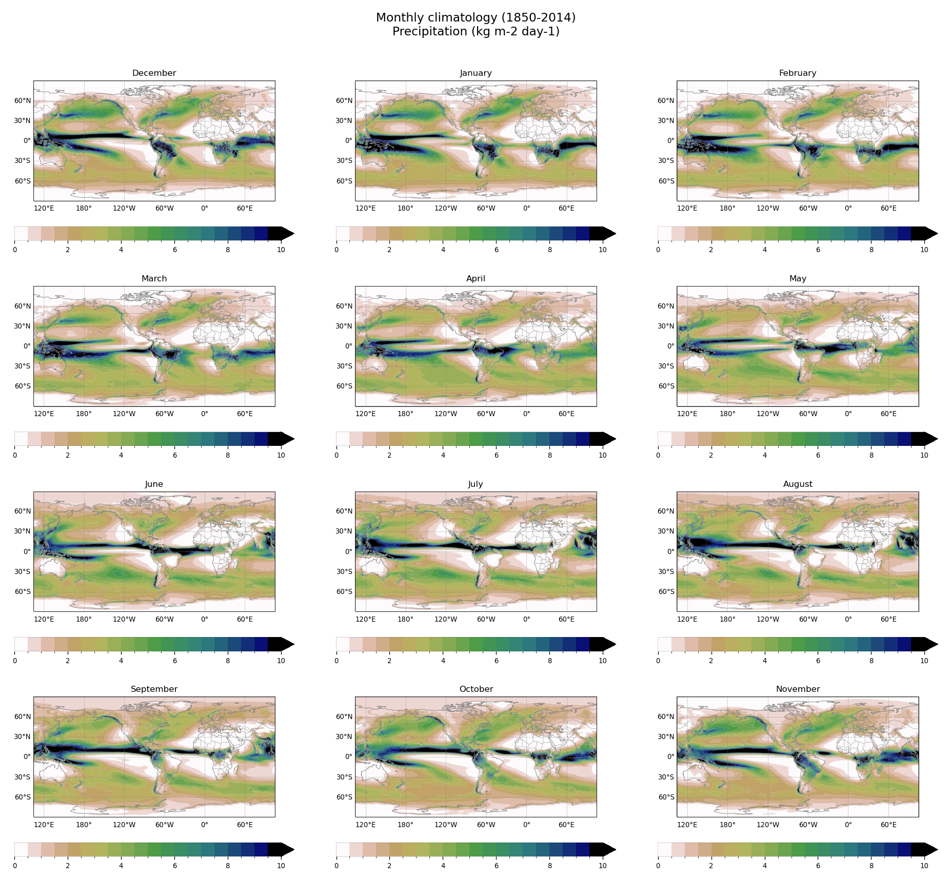 Monthly climatology of Precipitation of dataset EC-Earth3 (project CMIP6) from 1850 to 2014.