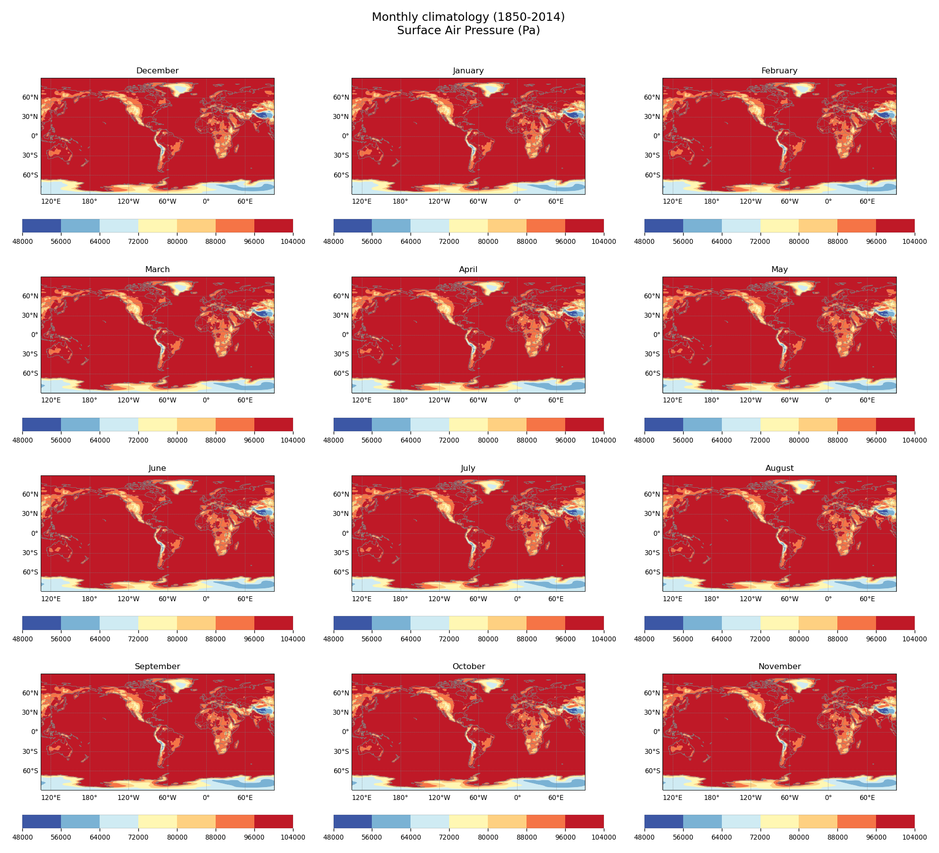 Monthly climatology of Surface Air Pressure of dataset EC-Earth3 (project CMIP6) from 1850 to 2014.
