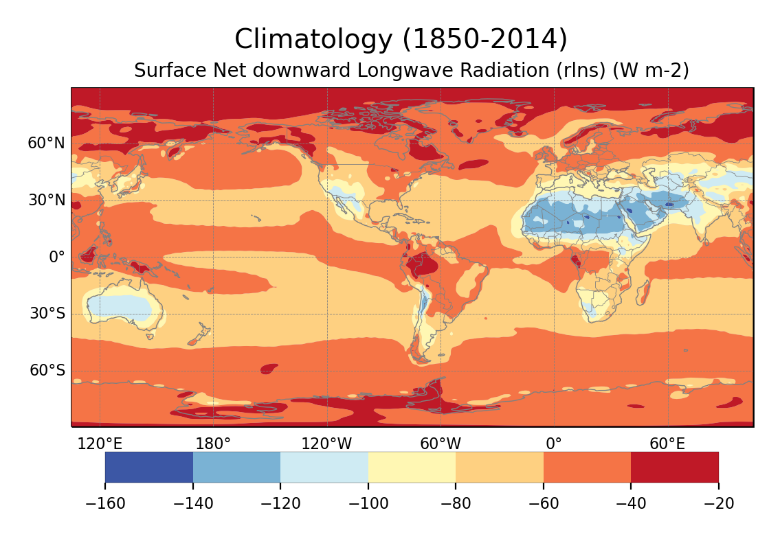 Climatology of Surface Net downward Longwave Radiation of dataset EC-Earth3 (project CMIP6) from 1850 to 2014.
