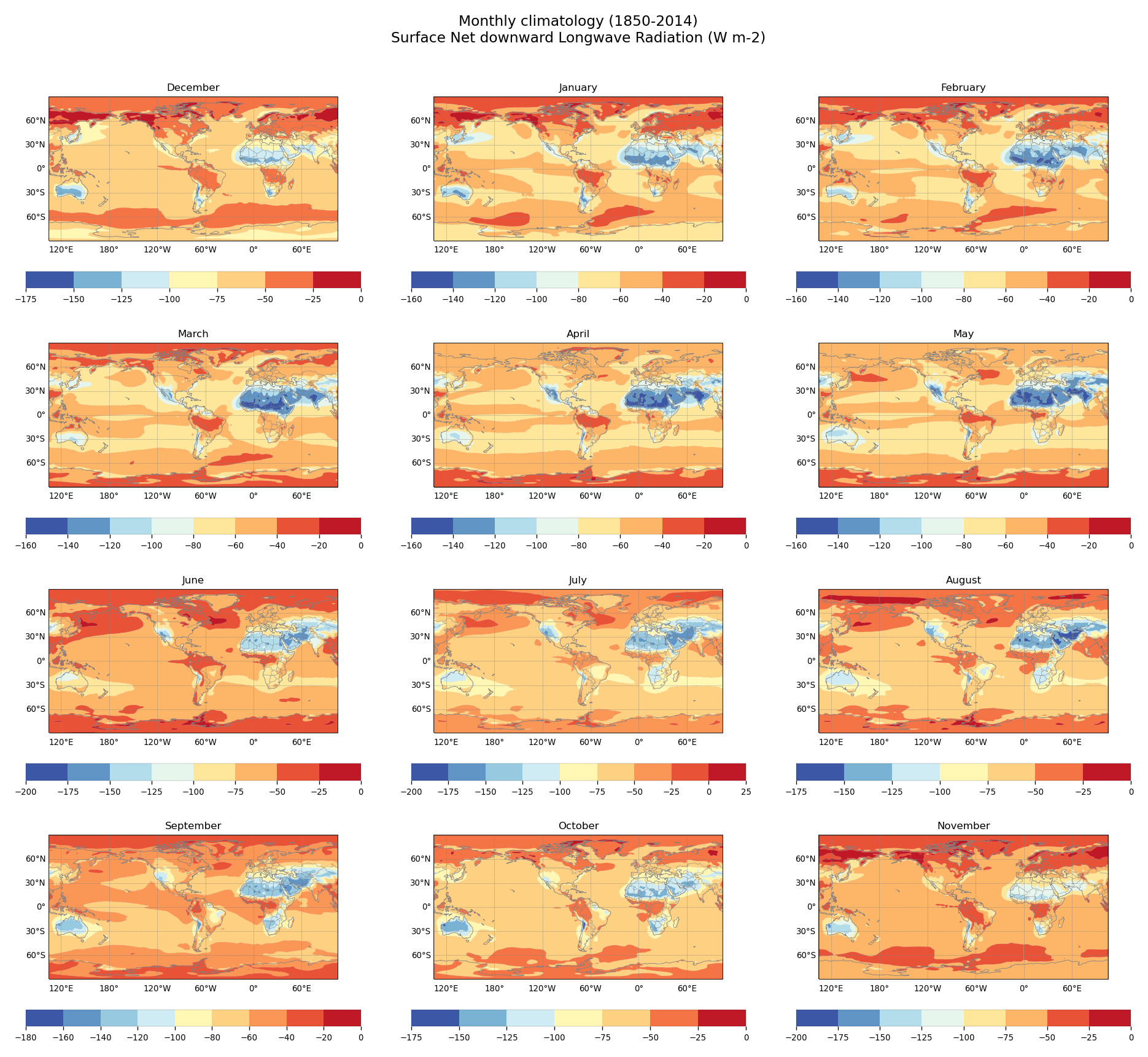 Monthly climatology of Surface Net downward Longwave Radiation of dataset EC-Earth3 (project CMIP6) from 1850 to 2014.