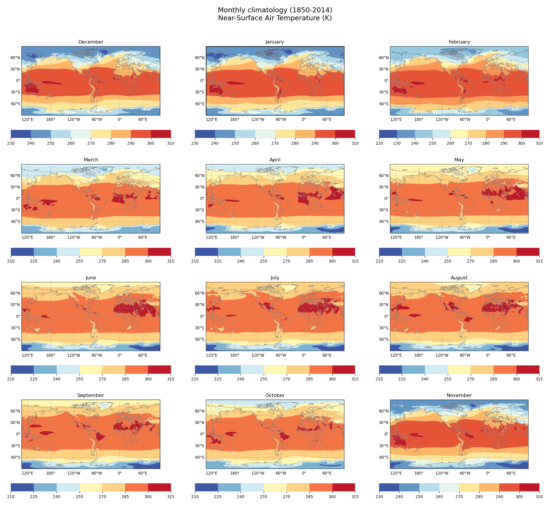 Monthly climatology of Near-Surface Air Temperature of dataset EC-Earth3 (project CMIP6) from 1850 to 2014.