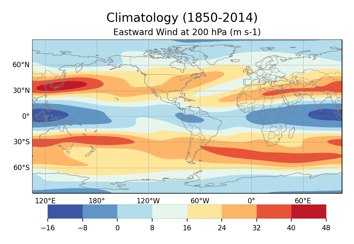 Climatology of Eastward Wind of dataset EC-Earth3 (project CMIP6) from 1850 to 2014.