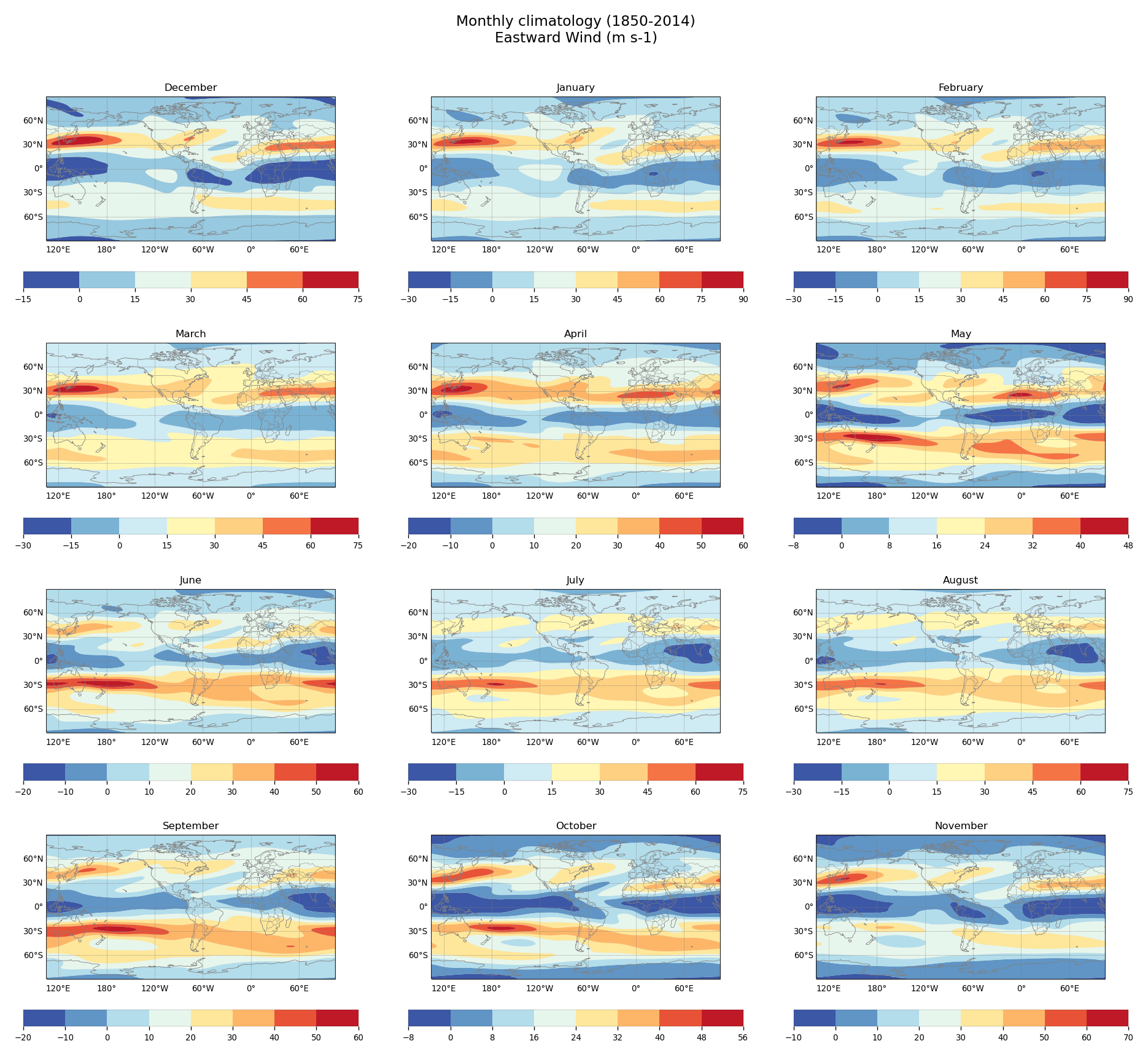 Monthly climatology of Eastward Wind of dataset EC-Earth3 (project CMIP6) from 1850 to 2014.