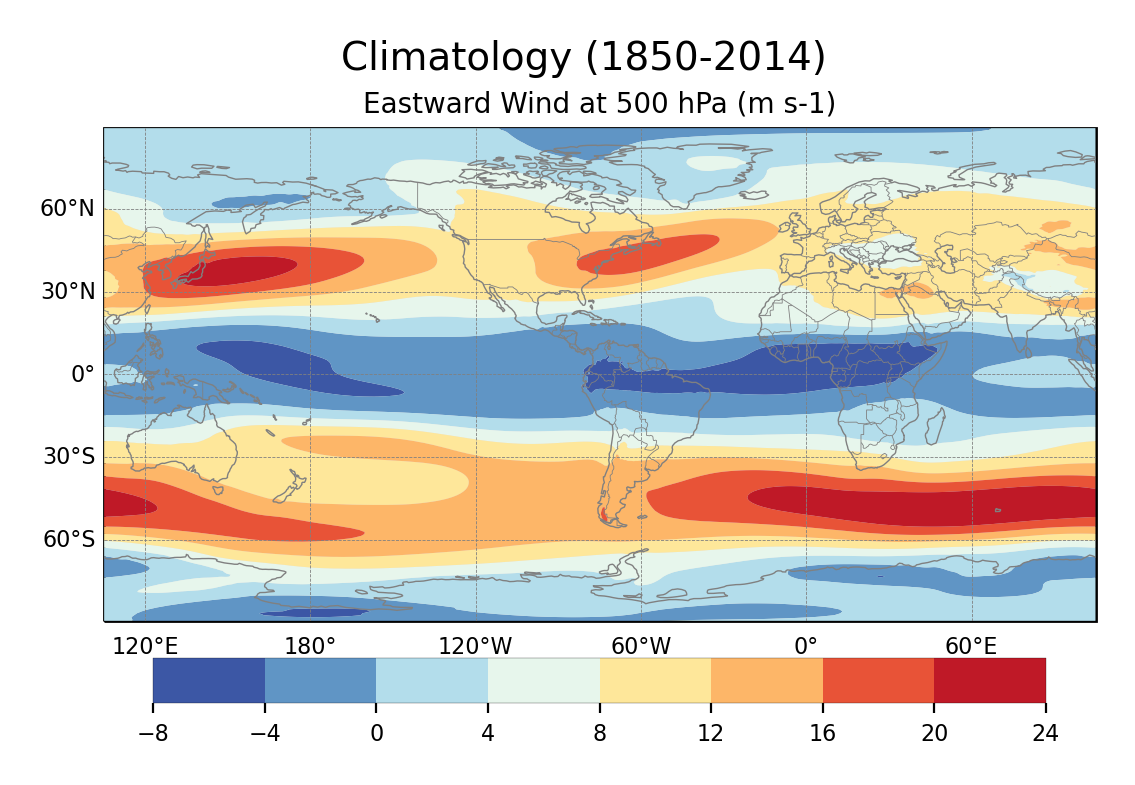 Climatology of Eastward Wind of dataset EC-Earth3 (project CMIP6) from 1850 to 2014.