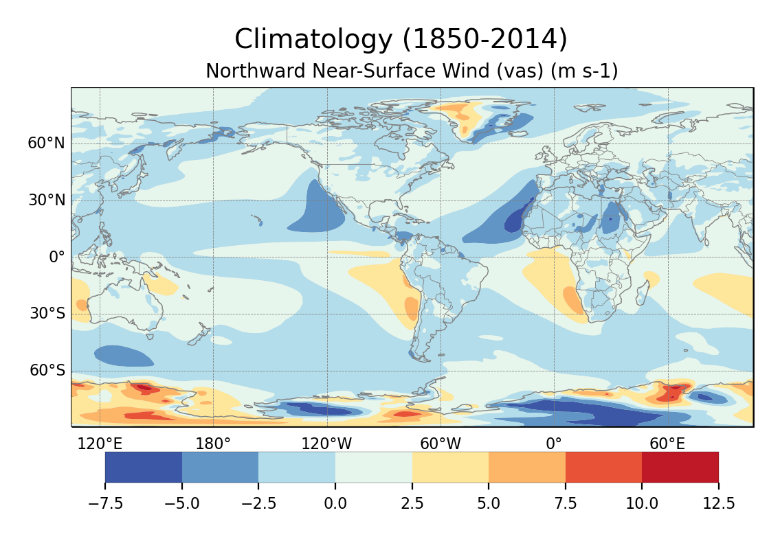 Climatology of Northward Near-Surface Wind of dataset EC-Earth3 (project CMIP6) from 1850 to 2014.