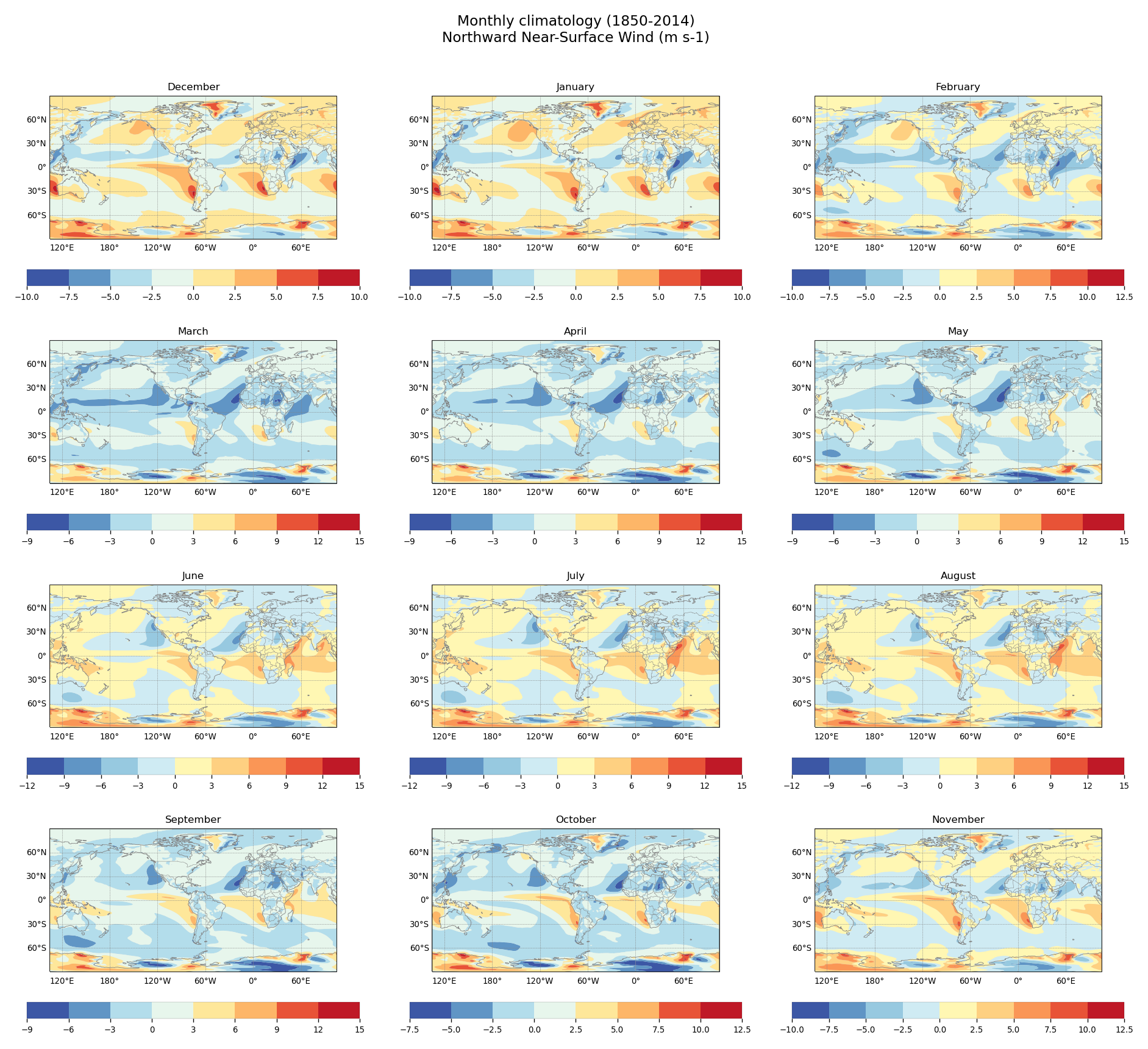 Monthly climatology of Northward Near-Surface Wind of dataset EC-Earth3 (project CMIP6) from 1850 to 2014.