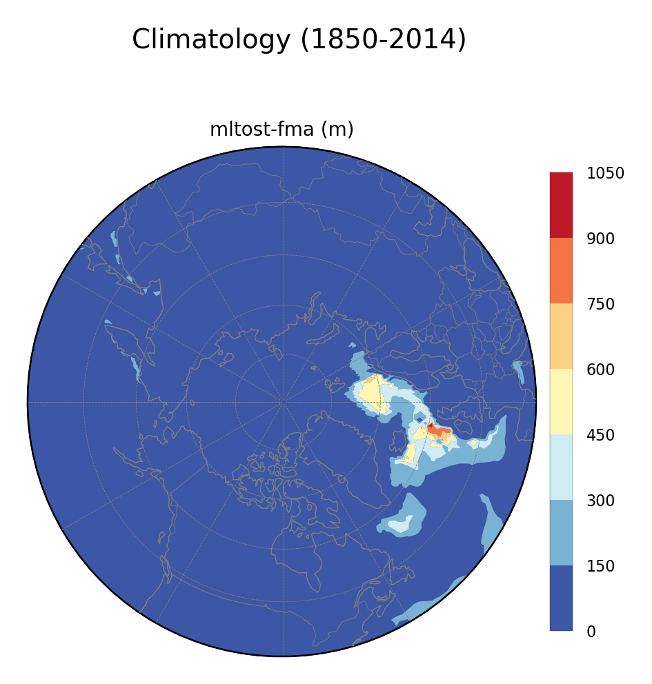 Climatology of Ocean Mixed Layer Thickness Defined by Sigma T of dataset EC-Earth3 (project CMIP6) from 1850 to 2014.