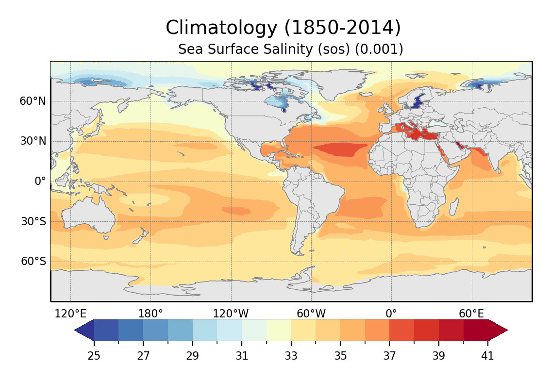 Climatology of Sea Surface Salinity of dataset EC-Earth3 (project CMIP6) from 1850 to 2014.