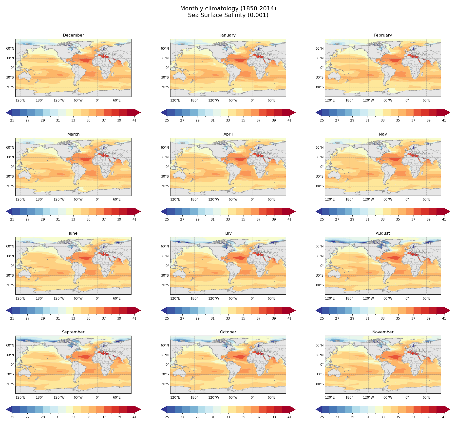 Monthly climatology of Sea Surface Salinity of dataset EC-Earth3 (project CMIP6) from 1850 to 2014.