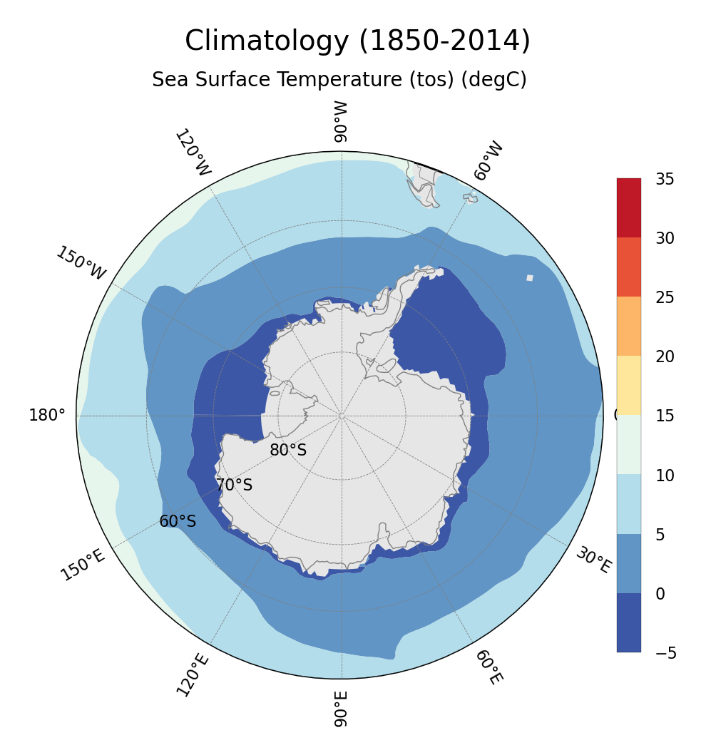Climatology of Sea Surface Temperature of dataset EC-Earth3 (project CMIP6) from 1850 to 2014.