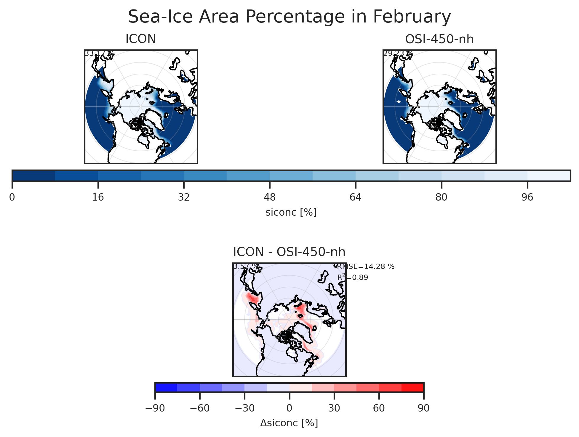 Map plot of Sea-Ice Area Percentage (Ocean Grid) of dataset ICON.