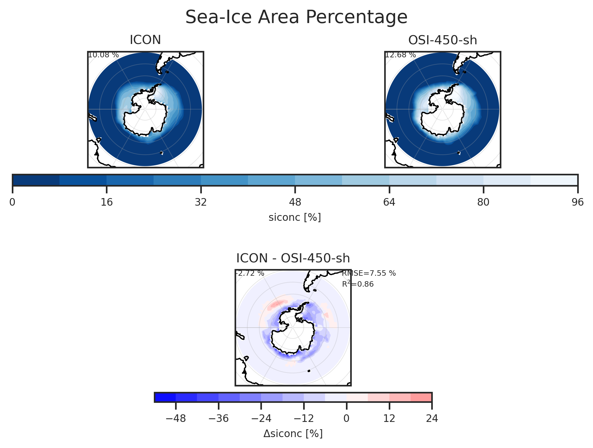 Map plot of Sea-Ice Area Percentage (Ocean Grid) of dataset ICON.