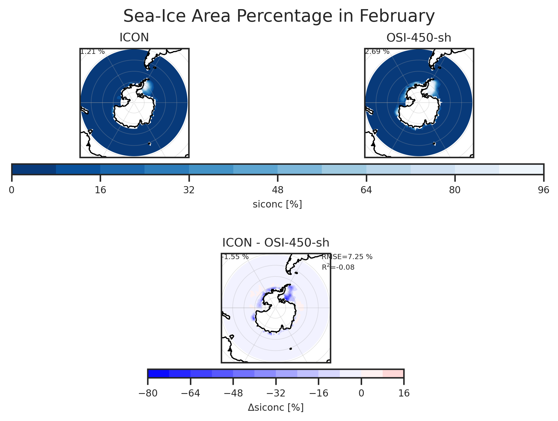 Map plot of Sea-Ice Area Percentage (Ocean Grid) of dataset ICON.