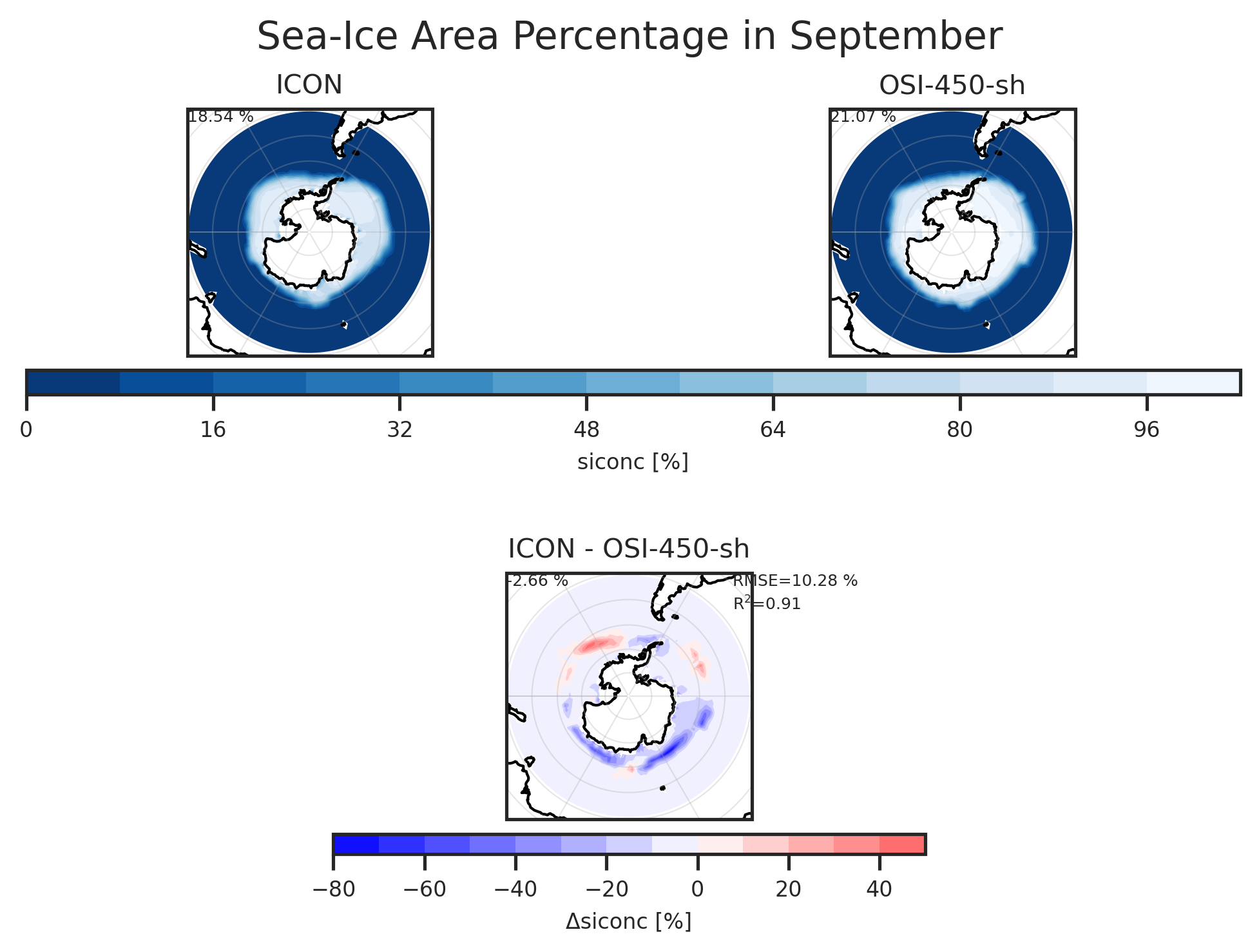 Map plot of Sea-Ice Area Percentage (Ocean Grid) of dataset ICON.