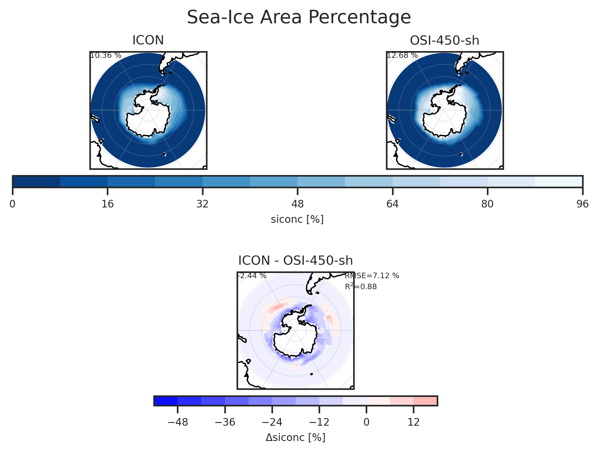 Map plot of Sea-Ice Area Percentage (Ocean Grid) of dataset ICON.